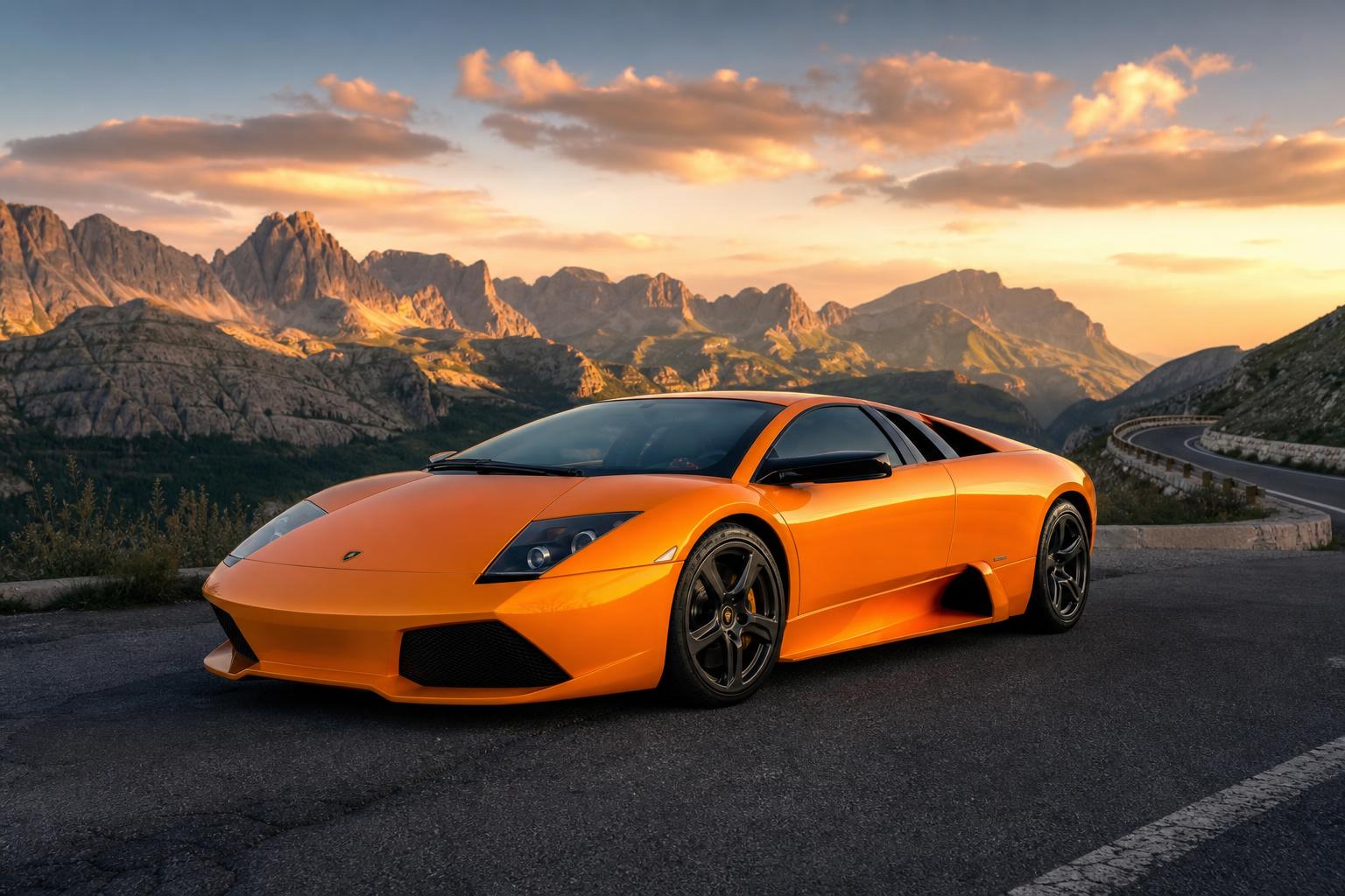Lamborghini Murcielago supercar at golden hour on a mountain road