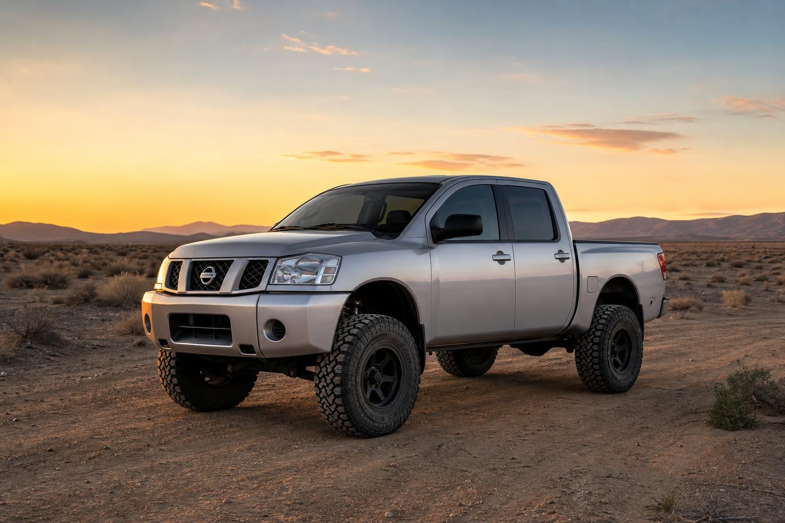Silver lifted 2004 Nissan Titan with off-road tires parked outdoors