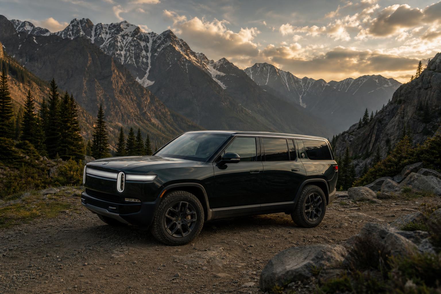 Dark Rivian R1S electric SUV on a mountain trail in the wilderness