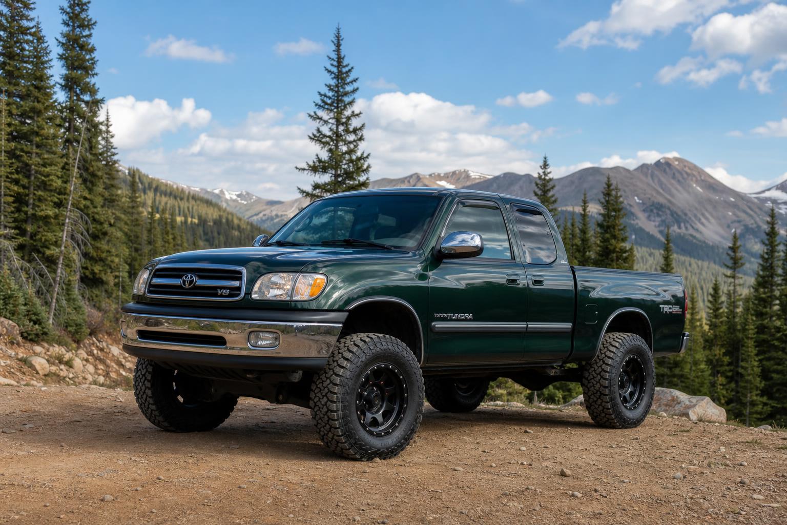 Green lifted 2001 Toyota Tundra with off-road tires and tinted windows